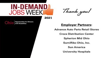 Text image: In-Demand Jobs Week 2021 with a thumbs up, OOD logo, Thank you! Employer Partners 