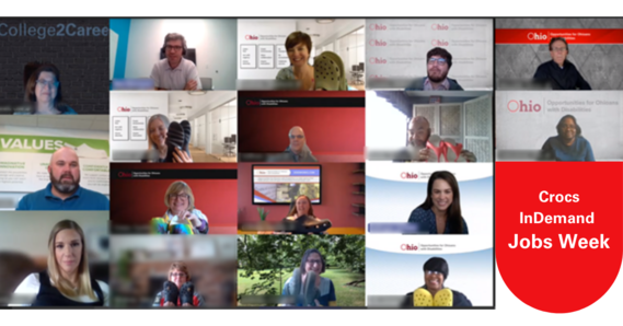 17 photos of OOD staff wearing Crocs with text Crocs InDemand Jobs Week