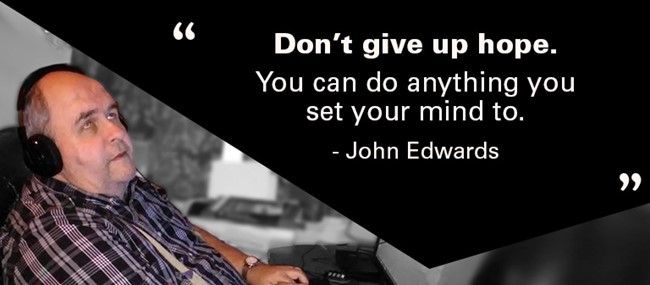 Photo of man wearing headphones and plaid black and white shirt, text Don't give up hope. You can do anything you set your mind to.