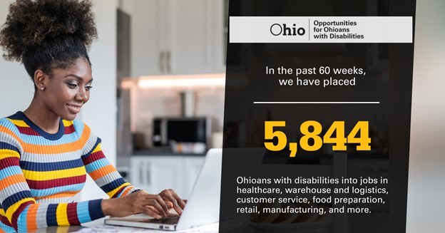 Lady wearing a yellow, orange, light, dark blue striped long sleeve sweater. Text, in the past 60 weeks, we have placed 5,844 into jobs