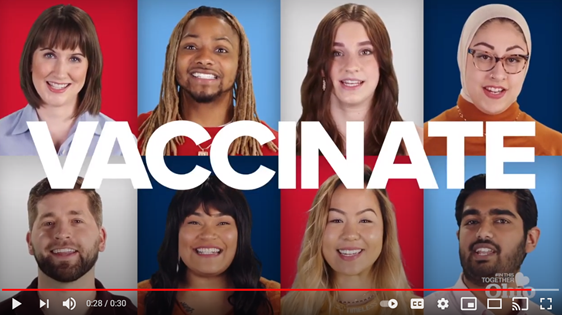 photo of eight different people smiling with words VACCINATE