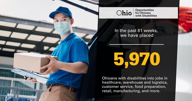 Young man in baseball cap holding a box, text, in the past 61 weeks we have placed 5,970 Ohioans with disabilities into jobs