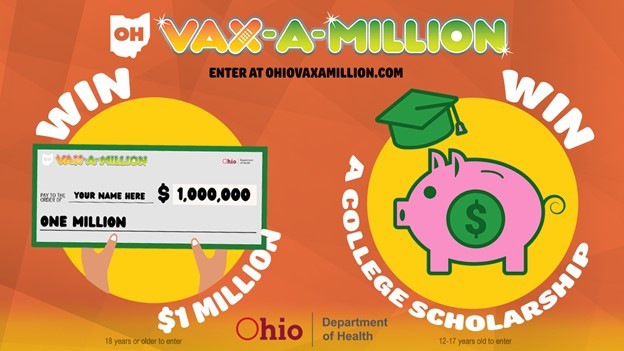 Graphic of Vax A Million enter at OhioVAXAMILLION.com photo of one million dollar check and piggy bank