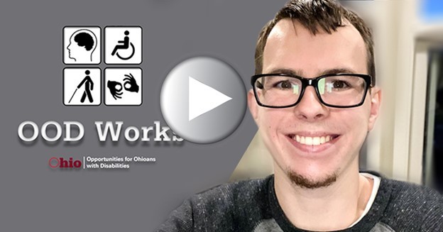 Photo of young man wearing glasses, smiling, with OOD Works and 4 symbols of disabilities.jpg