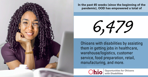 Woman with glasses, in the past 65 weeks OOD has empowered a total of 6,479 Ohioans with disabilities