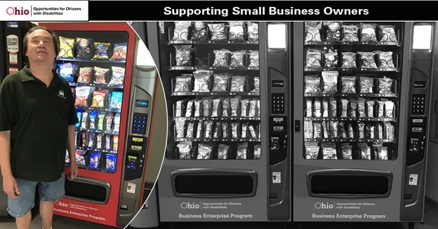 OOD logo, man standing in front of vending machines, text Supporting Small Business Owners