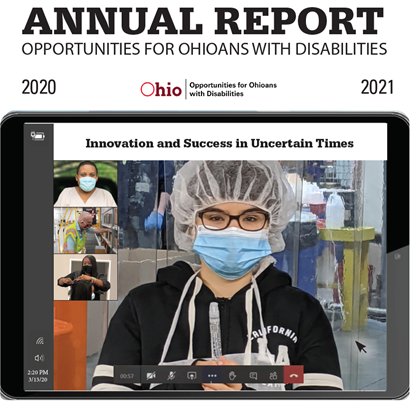 Annual report cover featuring photo of of young woman in a mask