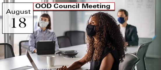 Photo graphic featuring three people at conference room table with masks and August 18th date of council meeting