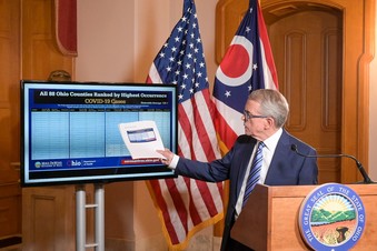 Governor DeWine speaks on COVID-19 case increases during the press conference.