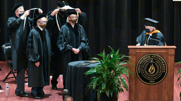 Governor DeWine and First Lady Fran DeWine at Ohio Dominican Republic receiving honorary degrees.