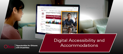 Photographic show woman looking at a computer screen Text: Digital Accessibility and Accommodations