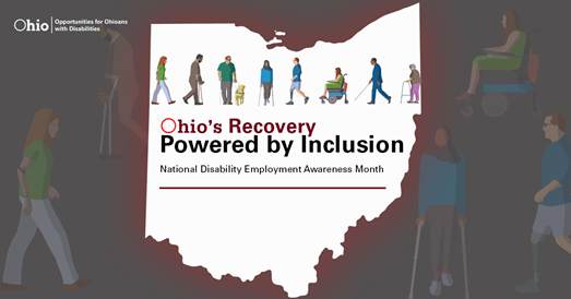  graphic  of  outline of state of ohio with images of those with disabilities at the top. Text: Ohio's Recovery Powered by Inclusion