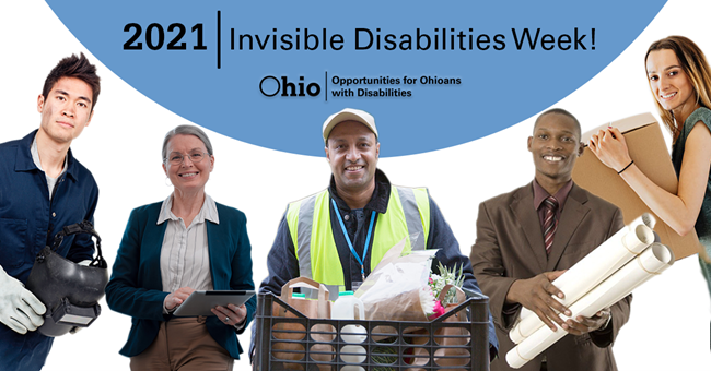 Photographic for 2021 Invisible Disabilities Week featuring five different people representing different professions