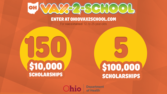 Vax 2 School logo showcasing 150 $10,000 scholarships and 5 $100,000 scholarships