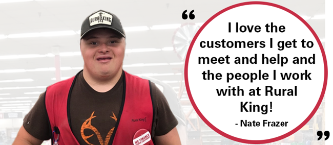 Photo of young man in baseball hat with quote: I love the customers  I get to meet and help and the people I work with at Rural King!
