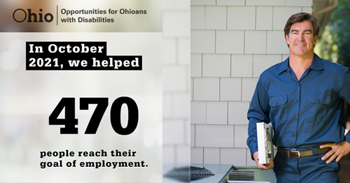 photo graphic featuring man with binder  and text: In October 2021, we helped 470 people reach their goal of employment