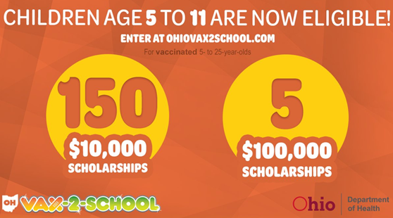 Ohio Vax-2-school graphic with text: Children 5 to11 are now eligible, 150 , $10,000 scholarships and 5, $100,000 scholarships