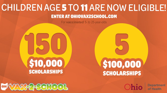 Vax2School Graphic announcing  children 5-11 now eligible Text: 150, $10,000 scholarships  5, $100,000 Scholarships