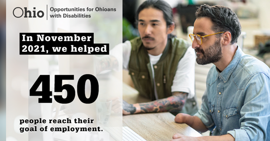 Photo graphic  image of two men sitting at a desk looking at a computer screen. TExt: In November we helped 450  people reach employment goal