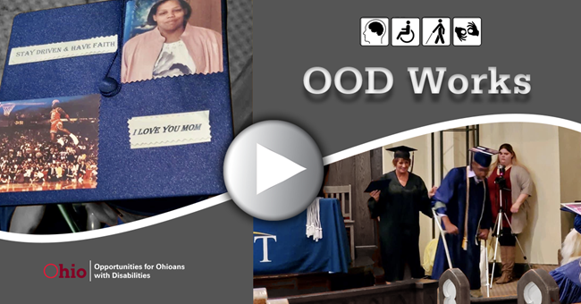 Photo graphic featuring photo of graduation cap and young man in cap and gown with braces at his graduation with play button
