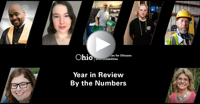  Photos of participants with a play button with text: Year in Review - By the Numbers