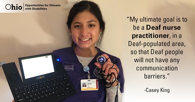 Photo of young woman in scrubs with a laptop device and stethoscope Quote: My ultimate goal is to be a Deaf nurse practitioner