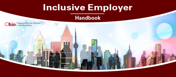 image of a city with workers overlaid on it - text "Inclusive Employer Handbook"