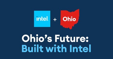 Graphic showing intel logo + Ohio Text; Ohio's Future Built with Intel