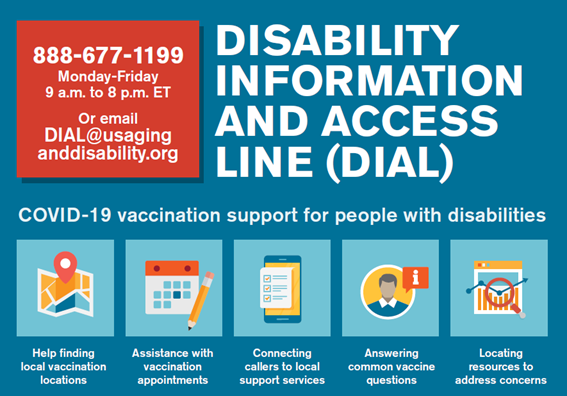 Disability Information and Access Line graphic 888-677-1199 or email DIAL@usaginganddisability.org for vaccine information