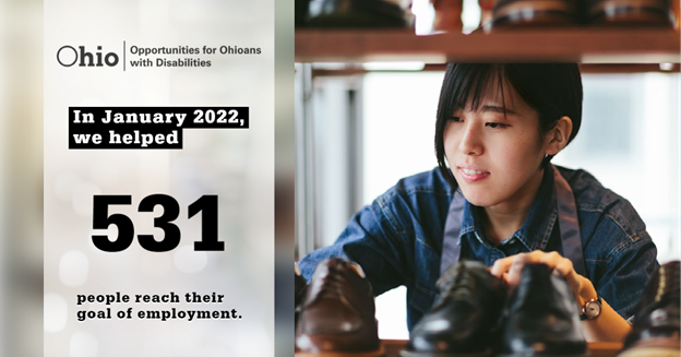 Photo of young Asian woman fixing shoes on a shelf graphics with OOD logo and text: In January we helped 531 people reach their employment goal