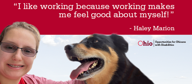 photo of young girl with a dog text: "I like working because working makes me feel good about myself."