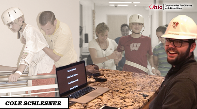  Photo collage of young man learning to walk with current photo of him at laptop wearing a hard hat Copy: Cole Schlesner