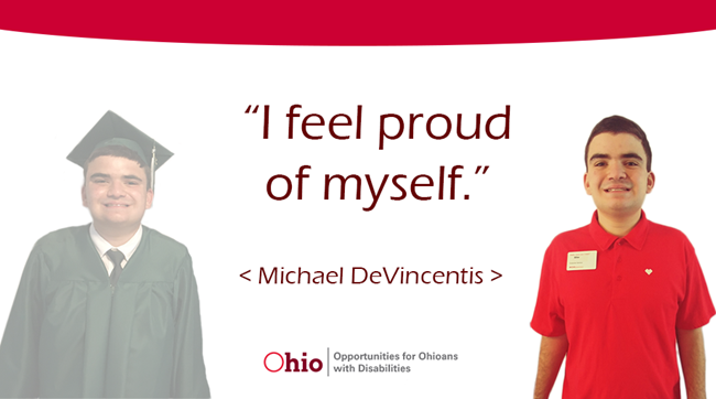  photo of young man in cap and gown and in a red shirt with a name tag text: "I feel proud of myself."  Michael DeVincentis