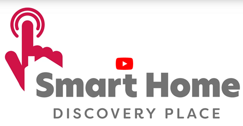 Smart Home Discovery Place logo featuring red hand drawing and a button