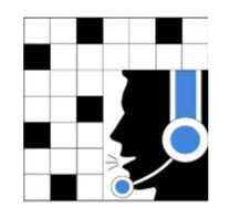 Graphic of crossword puzzle box with image of silhouette with headphones and microphone