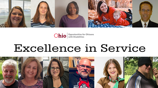 Individual photos of OOD employees who were Excellence in Service Award winners and text: Excellence in Service