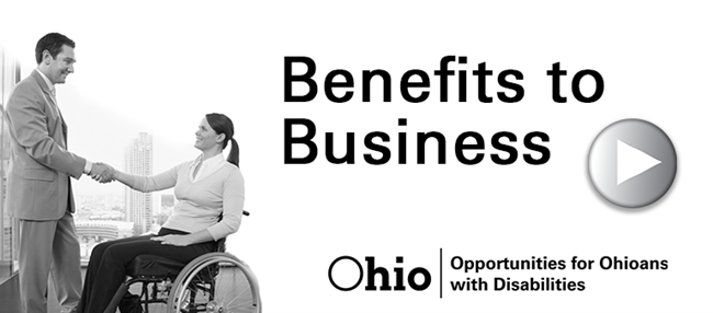  Photo of woman in wheelchair shaking hands with man who is standing Text: Benefits to Business and superimposed Play button