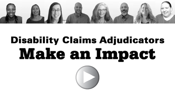 Eight people smiling. Text: Disability Claims Adjudicators Make an Impact