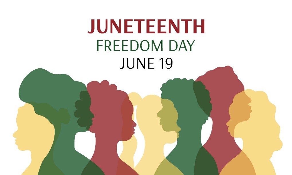 Graphic of silhouette of African Americans. Text: Juneteenth Freedom Day June 19