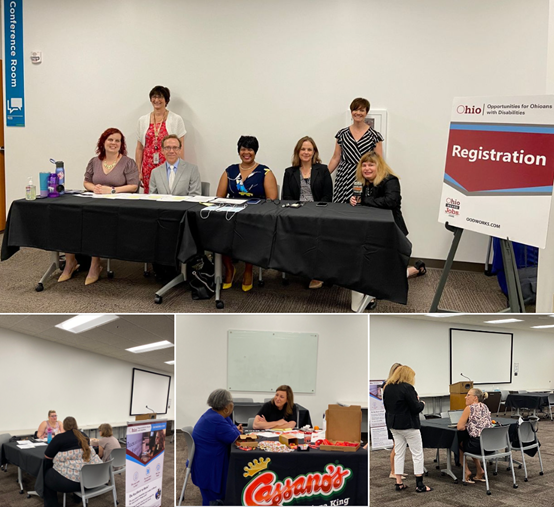 Four different photos of people sitting at tables and standing at tables talking to employers