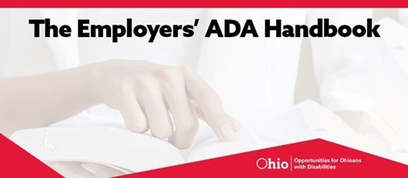OOD Logo, text The Employers' ADA Handbook with a photo of finger pointing to a book