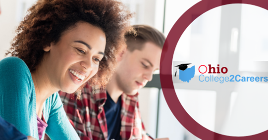 African American young woman and white young man sitting by a window. Includes Ohio College2Careers logo