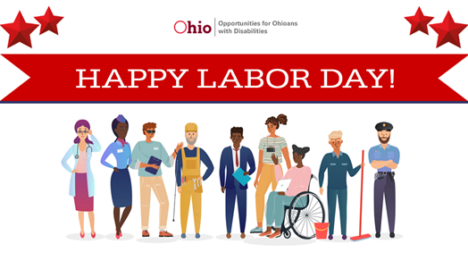  graphic of drawn figures depicting 9 people with disabilities  with banner over head  Text: Happy Labor Day