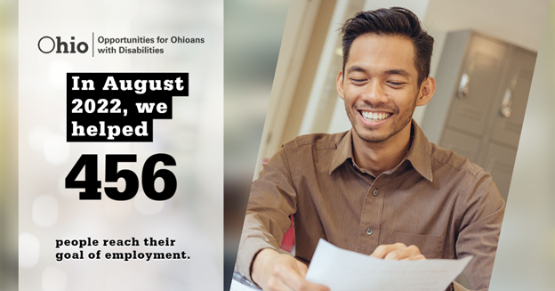 Photo graphic of  young Asian man and  Text:  In August 2022, we helped 456 people reach their goal of employment