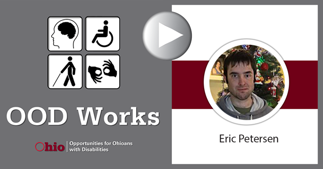 OOD Works logo with disability symbols and photo of young man with dark hair   Text: OOD Works Eric Petersen