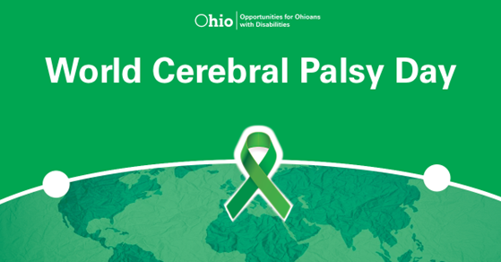  Graphic of green ribbon over a world map  Text: World Cerebral Palsy Day