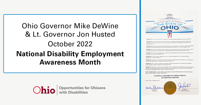graphic of proclamation text: Ohio Governor Mike DeWine and Lt. Governor Husted October 2022 NDEAM