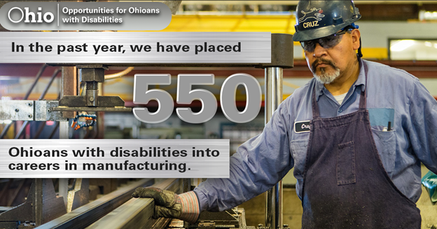 Photo of man working in a factory Text: In the past year we have placed 550 Ohioans with disabilities into careers in manufacturing