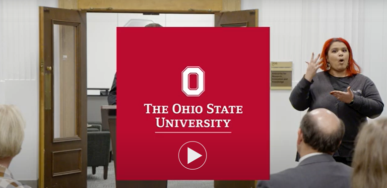 Logo of the Ohio State University and photo of woman interpreting