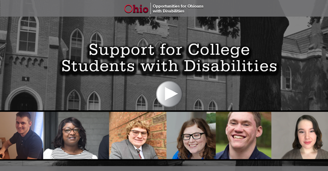 Photo of 6 students smiling.  text, Support for ollege Students with Disabilities